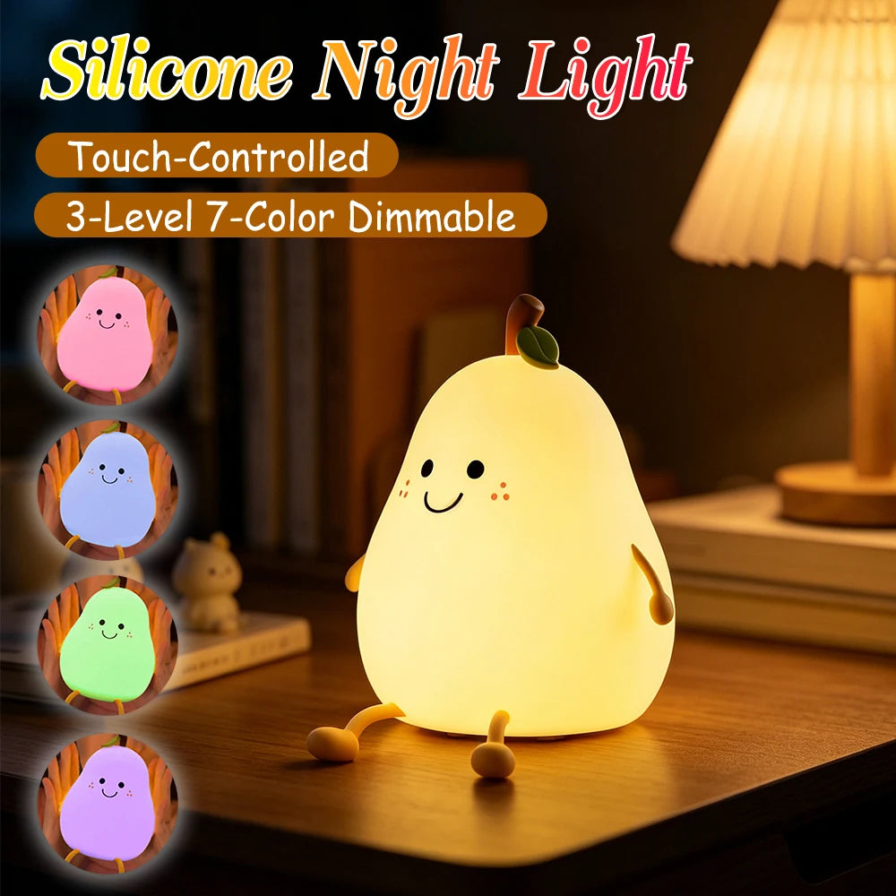 1pc Cute Pear Night Light 7-Color Dimmable Touch-Controlled Night Light Silicone Stress Reducing Pat Lamp USB Rechargeable Qme