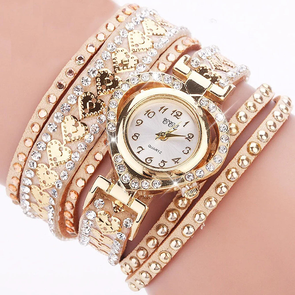 2026 Casual Fashion Korean Faux Fur Embellished Diamond Heart Watch Dial Bezel Bracelet Wristband for Women with Long Strap Qme