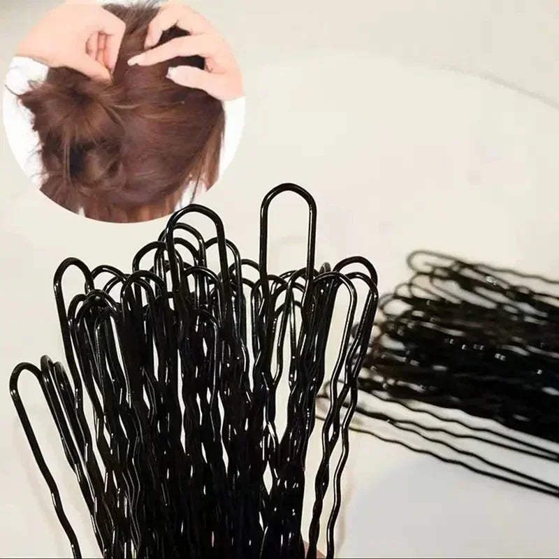 50/200Pcs New Women Hair Waved U-Shaped Bobby Pin Barrette Salon Grip Clip Bridal Hairpins Black Metal Hair Accessories for Bun Qme