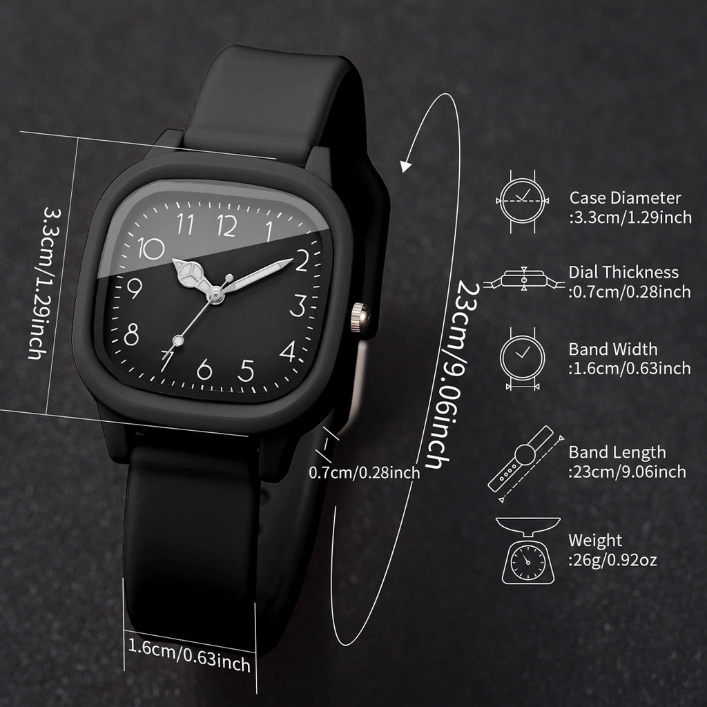 Women 4 In 1 Watch Bracelet Set Square Silicone Quartz Watch Black Bead Tassel Stack Bracelets Casual Ladies Wristwatch Gift Qme