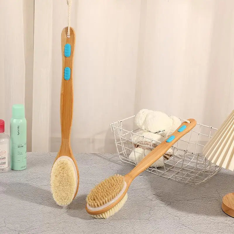 Bamboo Shower Brush with Soft and Stiff Bristles, Bath Long Wet Body Dry Exfoliator, Brush Scrubber, or Back Dual-Sided Han L8T3 Qme