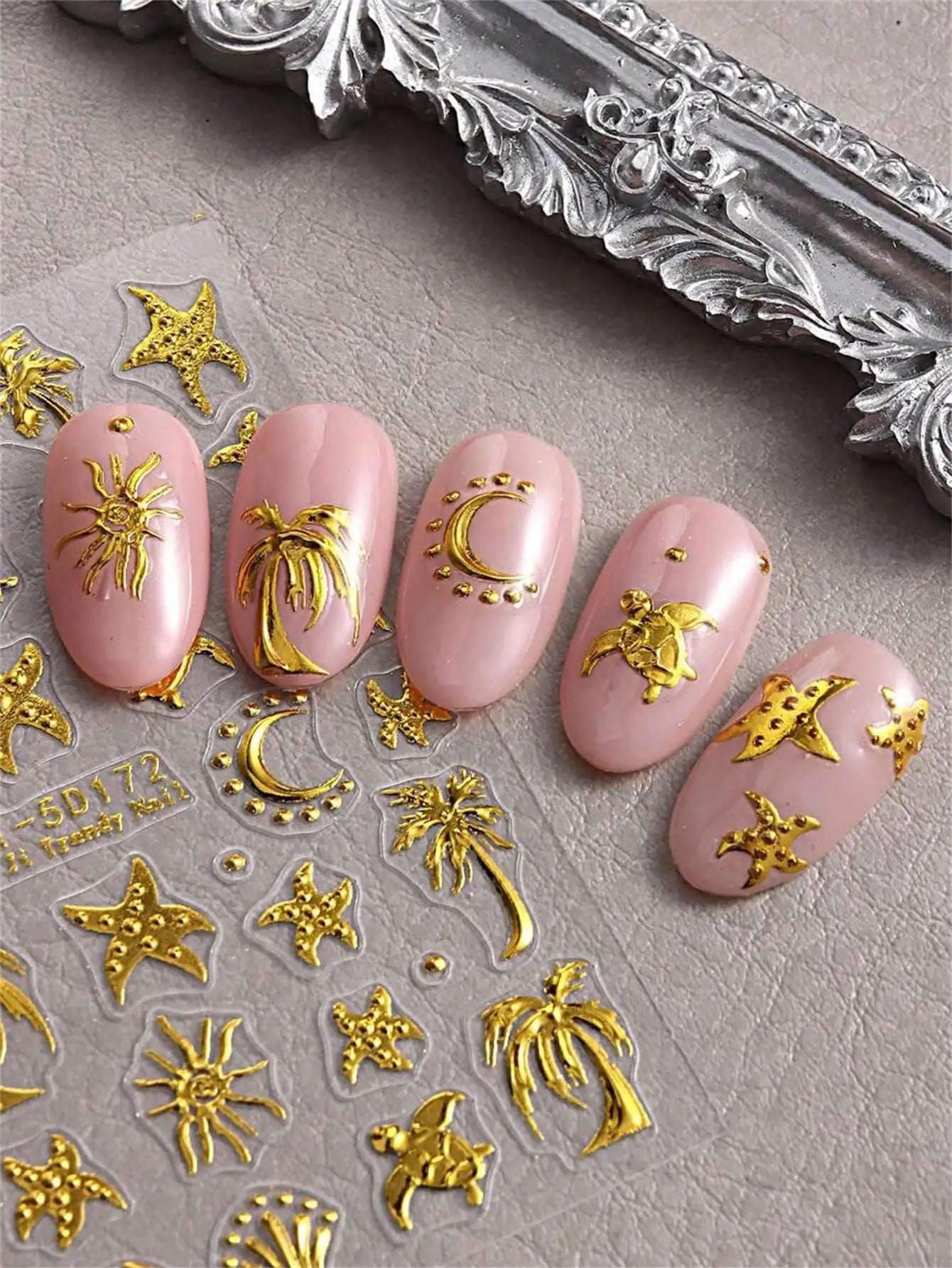 Stamping Summer 5D Nail Art Stickers Golden Coconut Tree Sea Turtle Qme