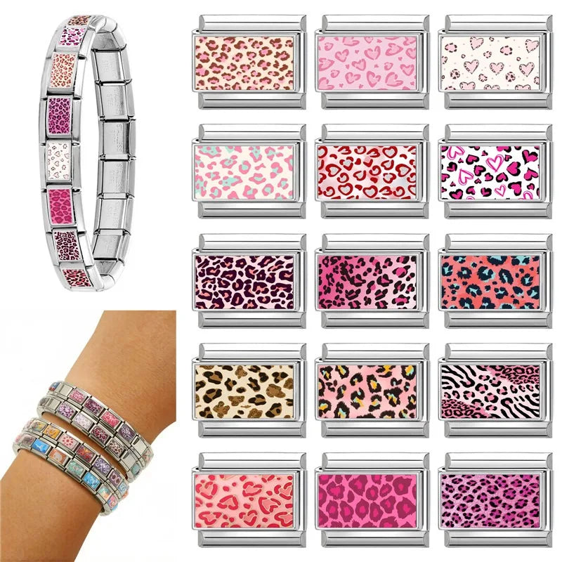 Fashion Pink Color Y2K Leopard Print Love Heart Butterfly Italian Charm Links Fit 9mm Stainless Steel Bracelet DIY Making Gifts Qme