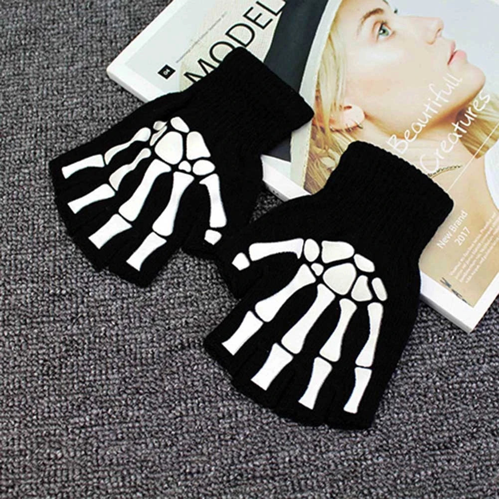 1Pair Punk Gloves Unisex Halloween Skeleton Skull Half Finger Gloves Glow In The Dark Fingerless Stretch Knitted Winter Mittens Qme