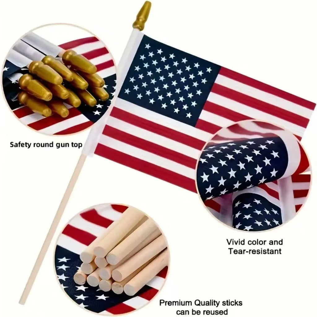 12PCS American Flag with Wooden Stick and Gold Spear Tip Durable Polyester for Indoor Outdoor Garden Party DIY Decoration Qme