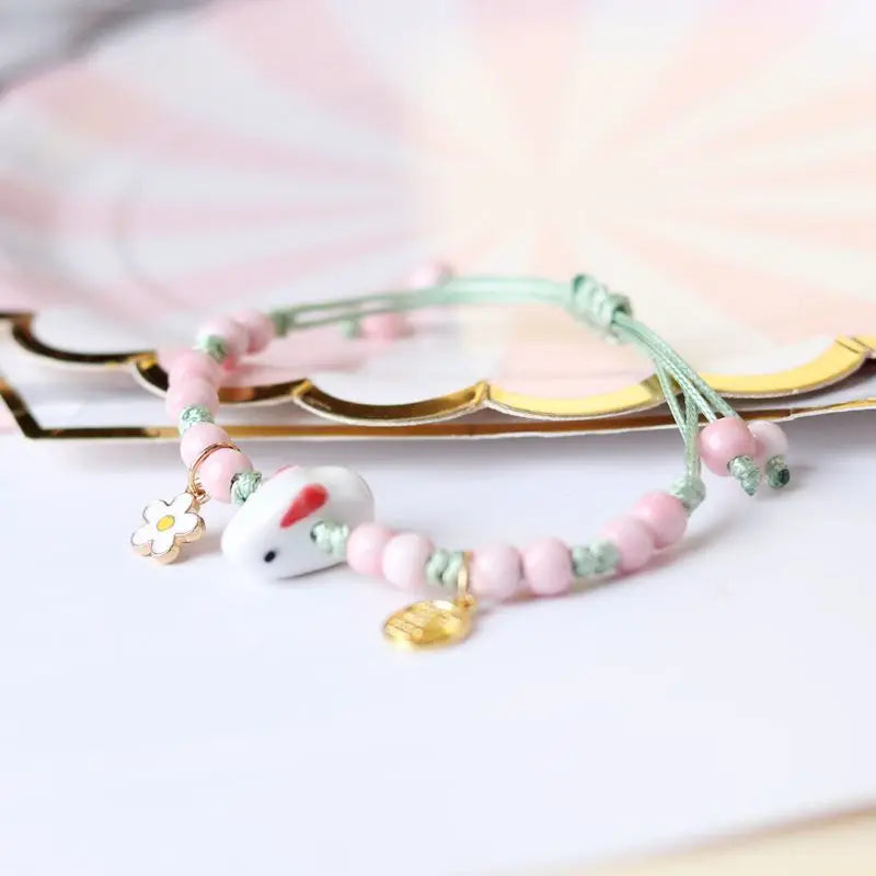 Cute Charming Rabbit Ceramic DIY Crystal Bracelet Men and women lucky pendant woven bracelet Young fashion jewelry accessories Qme