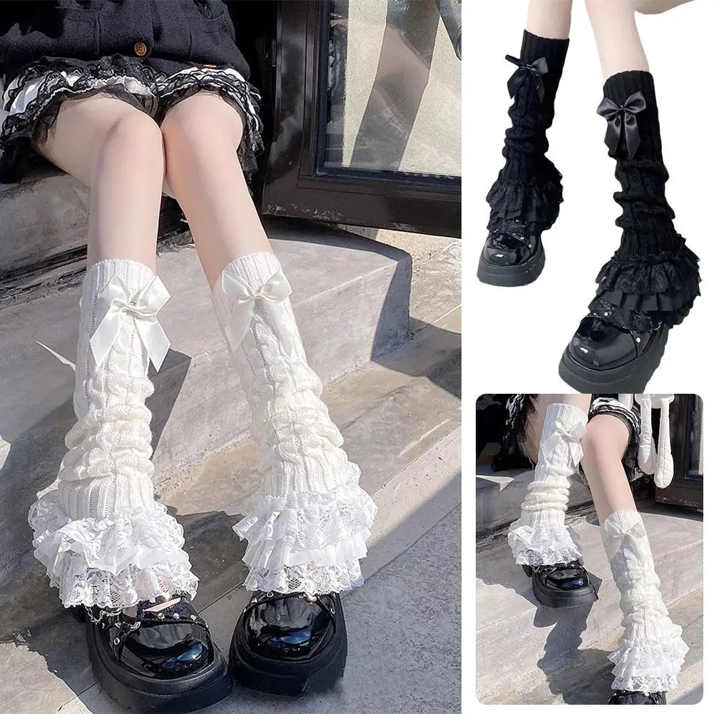 Japanese Women Knitted Leg Warmer Bow Tiered Ruffled Socks Girl Lace Lolita Socks Calf T-shaped Lace Leg Horn Warmers Women Qme