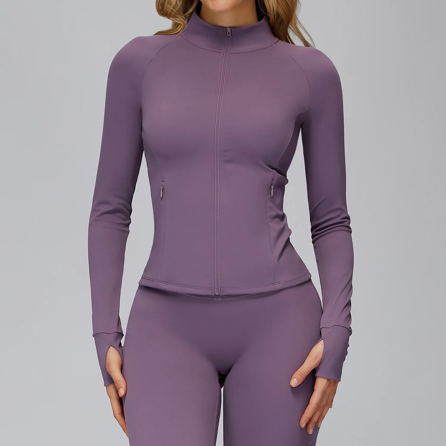 A Summer Ultra-Soft Fabrics Tight Sports Jackets Women Zipper Gym Yoga Clothes Female Quick-Dry Long Sleeve Sportswear Qme Bean paste purple M