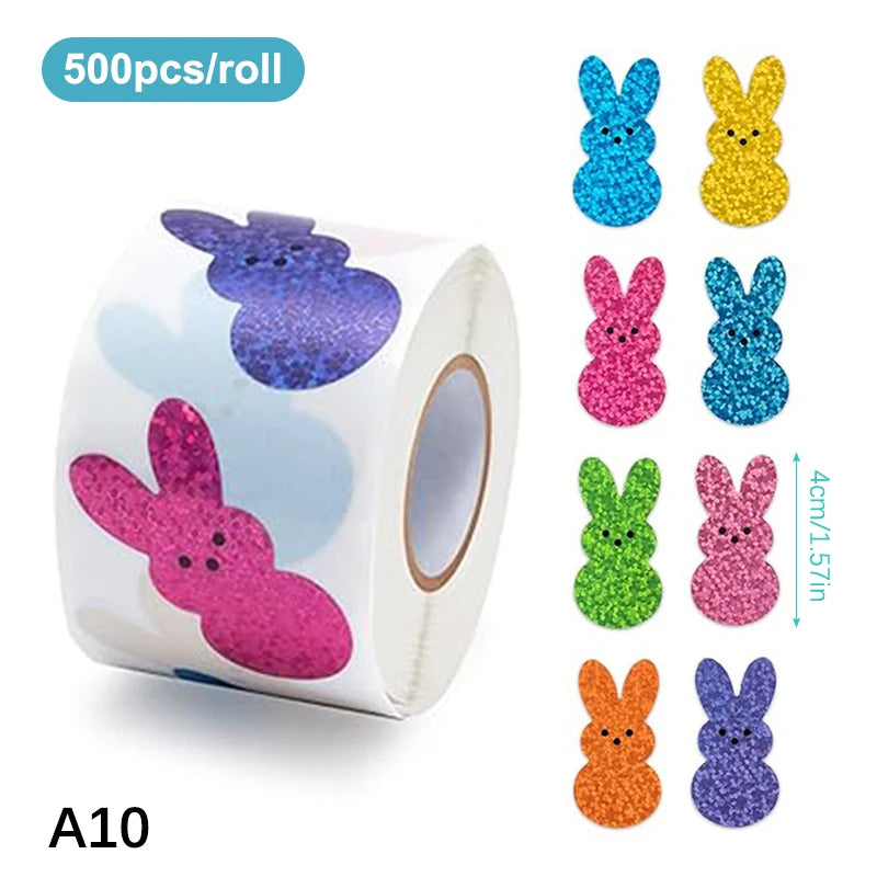 500pcs/roll Easter Bunny Carrot Stickers Holographic Waterproof Stickers For Easter Egg Hunt, Party Decorations, Scrapbooking Qme A10