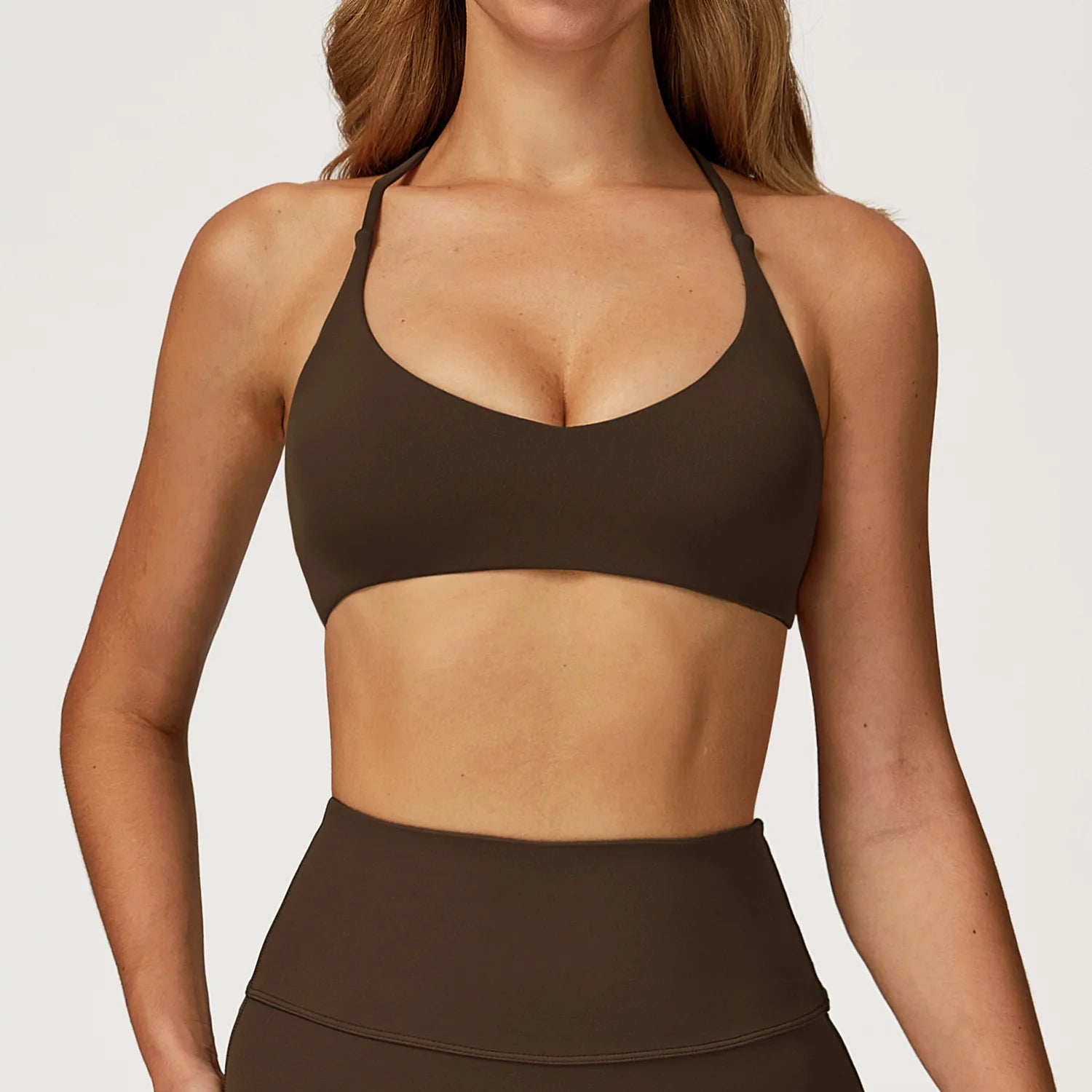 A Women's Cross Back Sports Bra Shock Resistant Gathered Sexy Gym Running Bra Summer Yoga Vest Outdoor Comfortable Fitness Wear Qme Burnt tea coffee XL