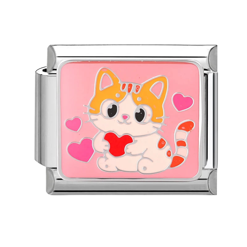 Cute Colored Love Heart Cat Italian Charm Fit Stainless Steel Women
