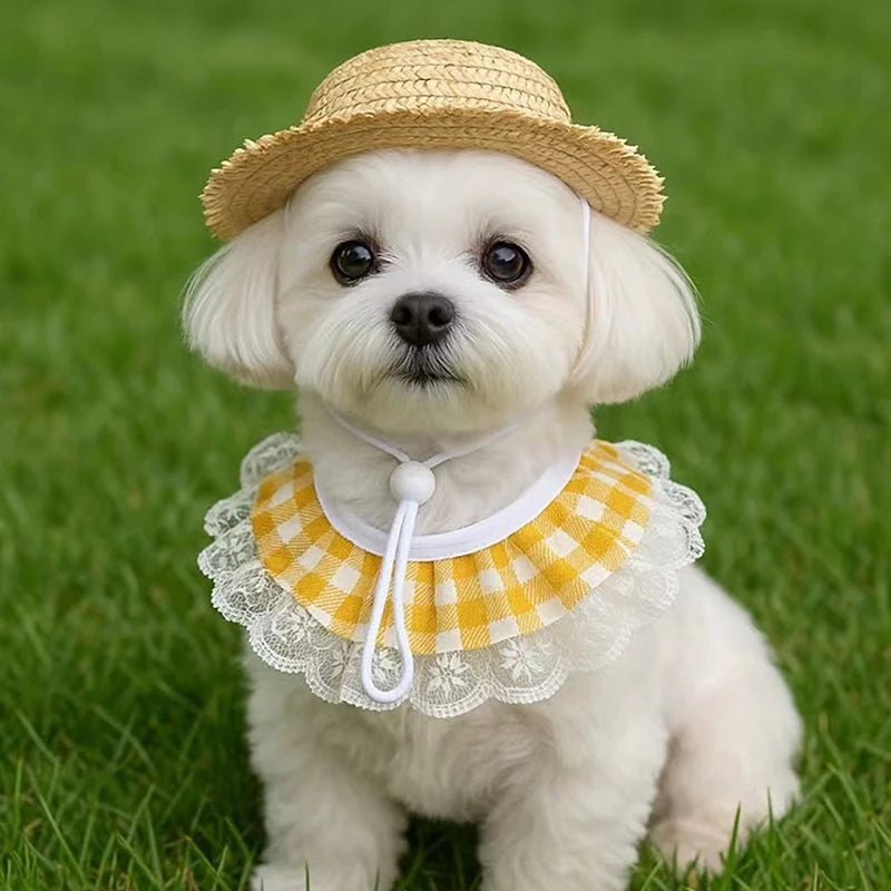 Wear Windproof Rope Puppy Straw Hat Creative Porch Pet Dog Cat Qme