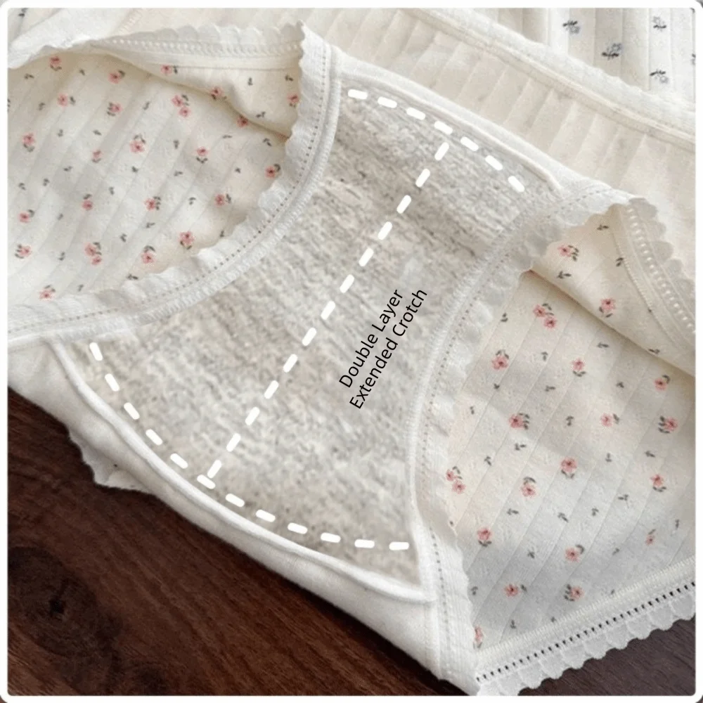 Cute Mid-waist Underwear Women Bear Grid Sweet Floral Panties Qme