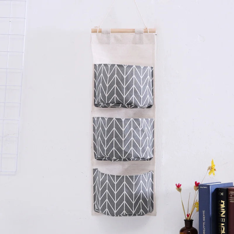 1PC Three Pockets Hanging Wall Storage Bag Household Bedroom Living Room Kitchen Cotton Linen Storage Bag Qme Grey