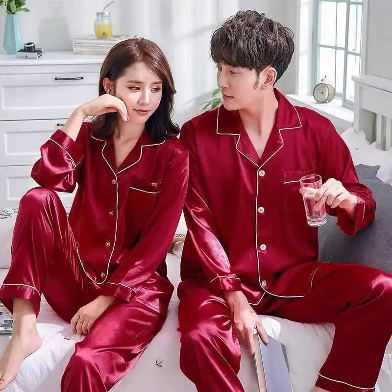 B Solid Color Sleepwear Silk Satin Pajamas Couple Set Long Sleeves Pyjamas Suit Pijama Women Men Loungewear Plus Size Pj Set Qme