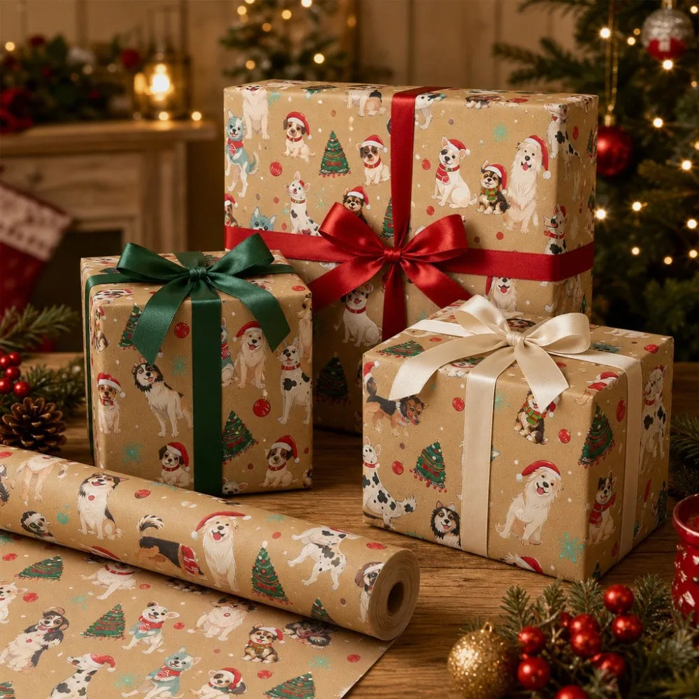 1 Roll of Christmas Gift Wrapping Paper with Cute Dog Patterns Featuring Santa Hats, Scarves, and Christmas Trees, Made of Kraft Qme