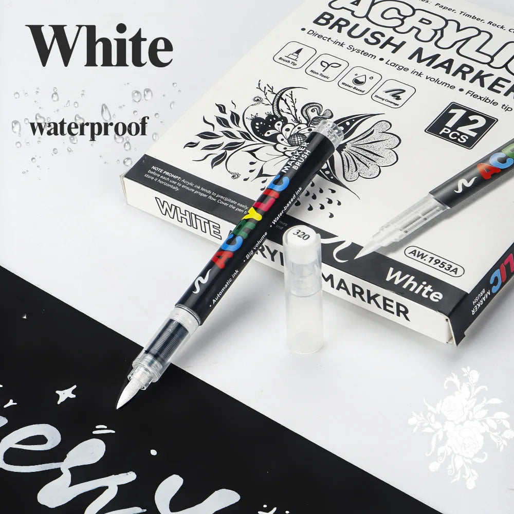 12Pcs Black/White Premium Highlight Acrylic Marker Pen, Quickly Dry, Waterproof, for Art Drawing DIY Crafts Making Art Supplies Qme 12 white