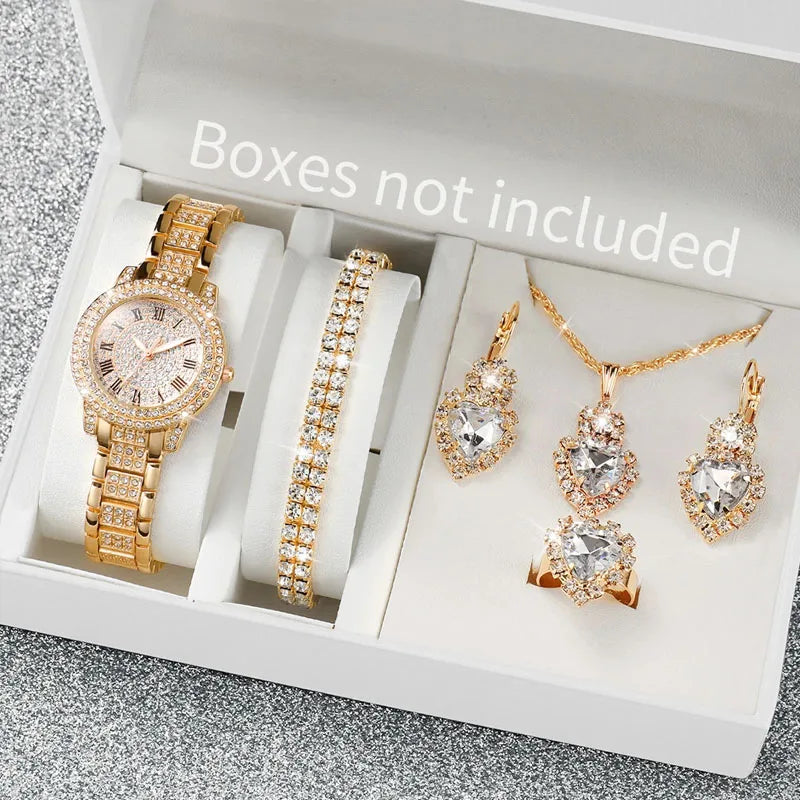 6PCS/Set Fashion Full Diamond Women's Watch Gold Steel Band Quartz Watches Diamond Jewelry Set Qme 1