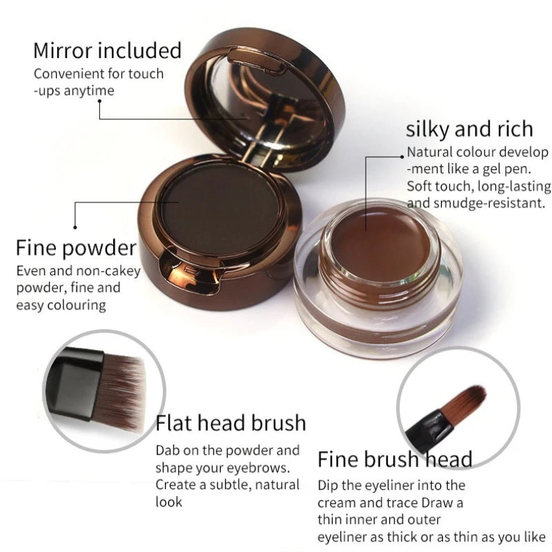 2 in 1 Eyebrow Powder & Eyeliner Gel High Pigment Silky Smooth Waterproof Long Lasting Dual-Ended Brush with Mirror Makeup Qme