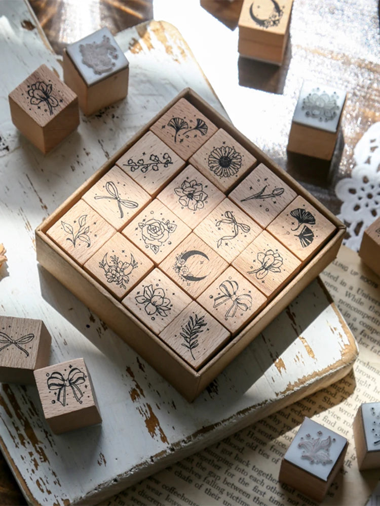 Forest Style Floral & Plant Wooden Stamp Set 16PCS/Box, Decor for Junk Journals, Greeting Cards & Envelopes Qme 1box
