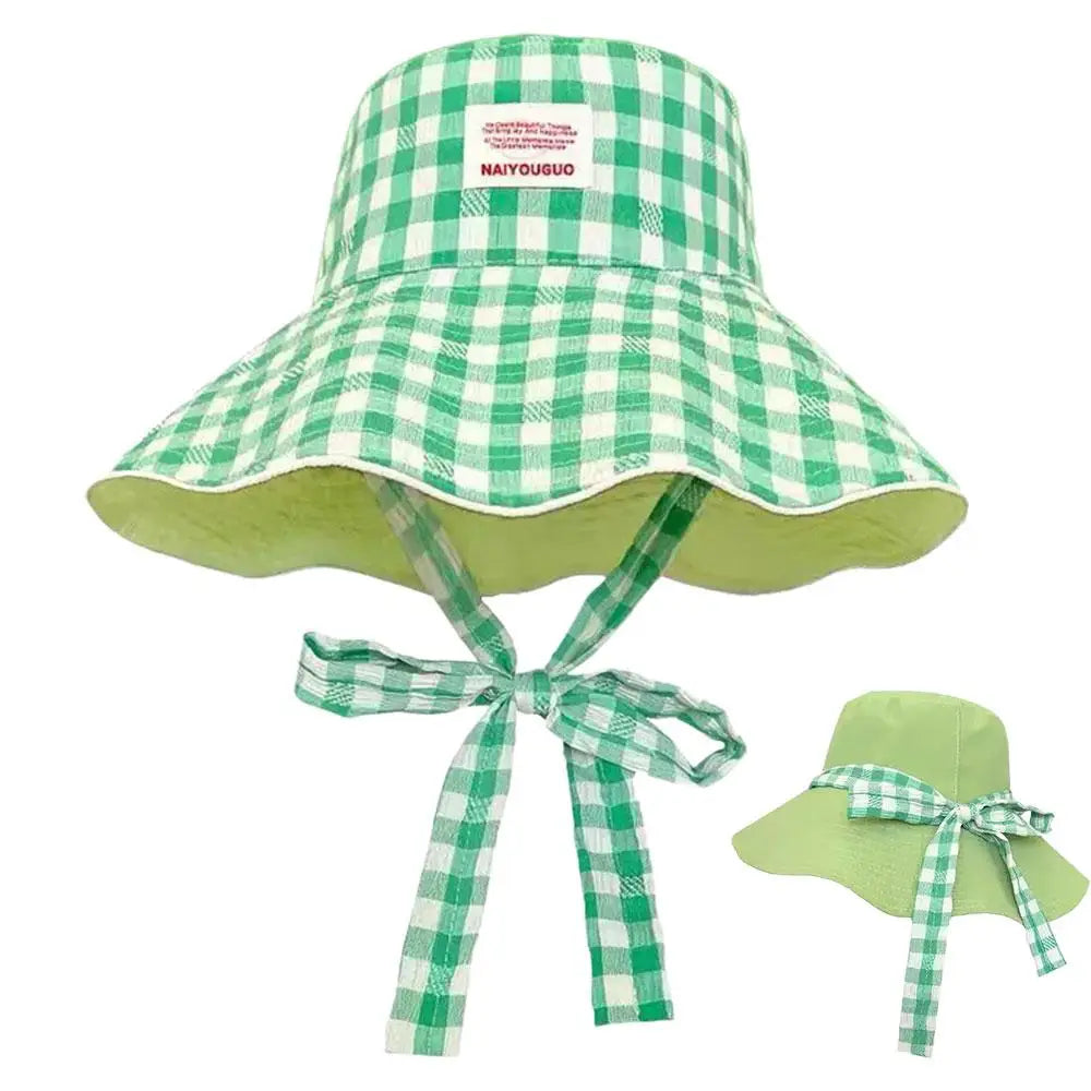 Women Girl Fisherman Hat Double Sided Sun Korean Ins Plaid Tie Strap Qme Green