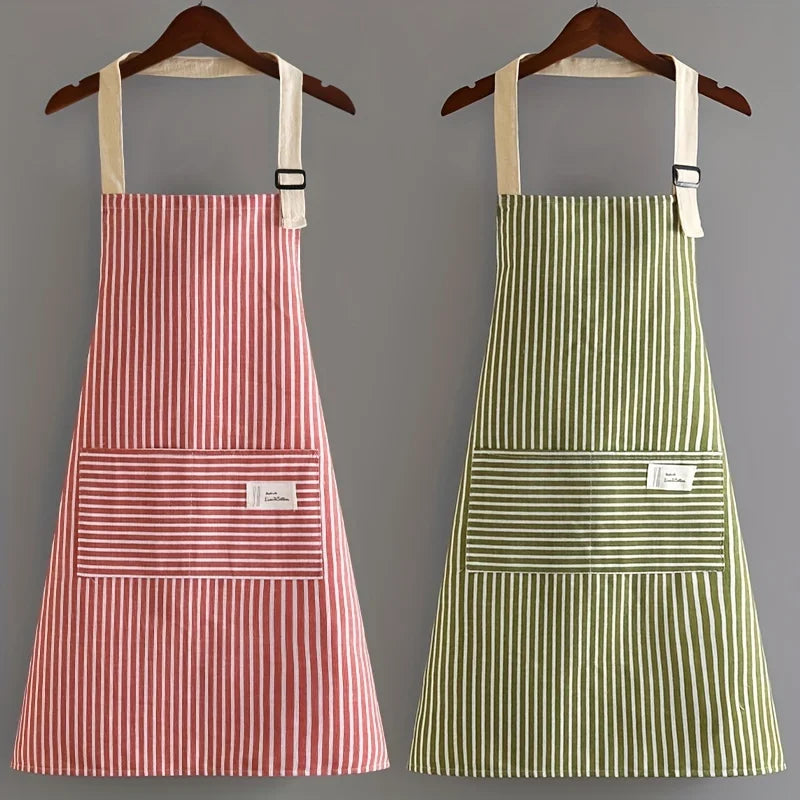 Striped Cotton Linen Apron, Adjustable Neck Strap, Kitchen Cooking Apron With Pocket, For Women Men Qme