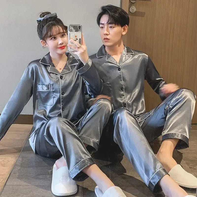 B Solid Color Sleepwear Silk Satin Pajamas Couple Set Long Sleeves Pyjamas Suit Pijama Women Men Loungewear Plus Size Pj Set Qme