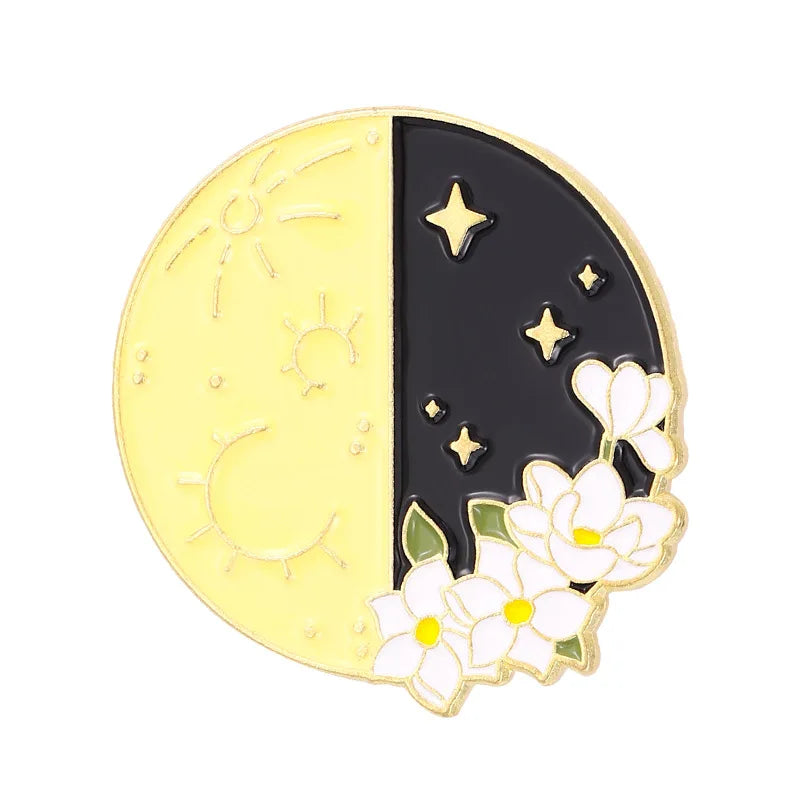 Flower Sun Moon Phase Enamel Pin Metal Badge Daisy Rose Astrology Brooch Lapel Backpack Accessories Jewelry Friends Wholesale Qme style 1