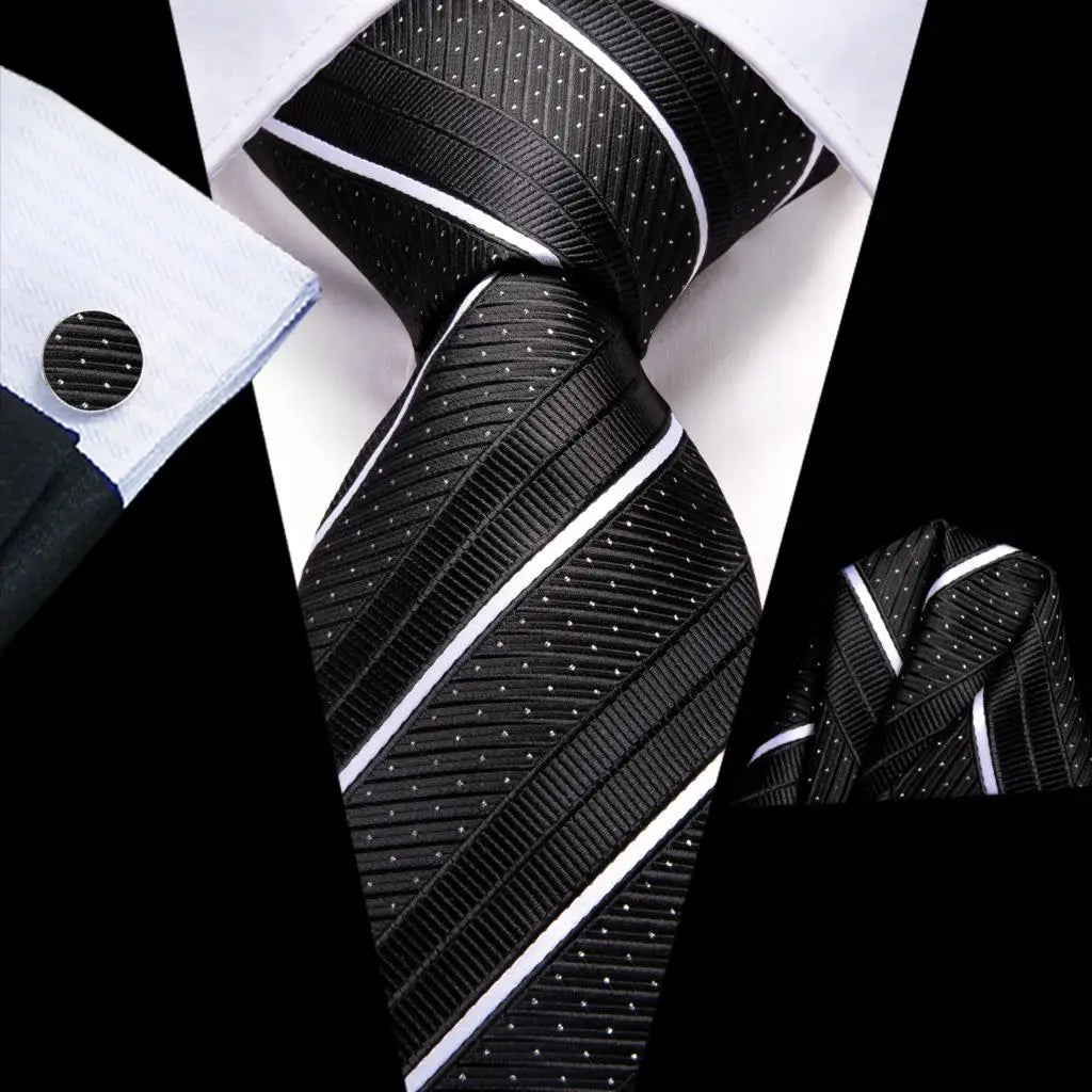 Hi-Tie Striped Navy Blue Mens Fashion Necktie Handkerchief Cufflinks for Tuxedo Accessory Classic Silk Luxury Tie for Man Gift Qme SN-3415