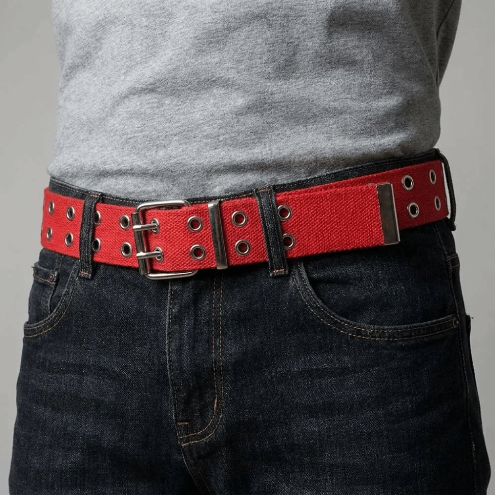 Outdoor Solid Canvas Waist Belt Double Row Nylon Woven Belts Metal Qme