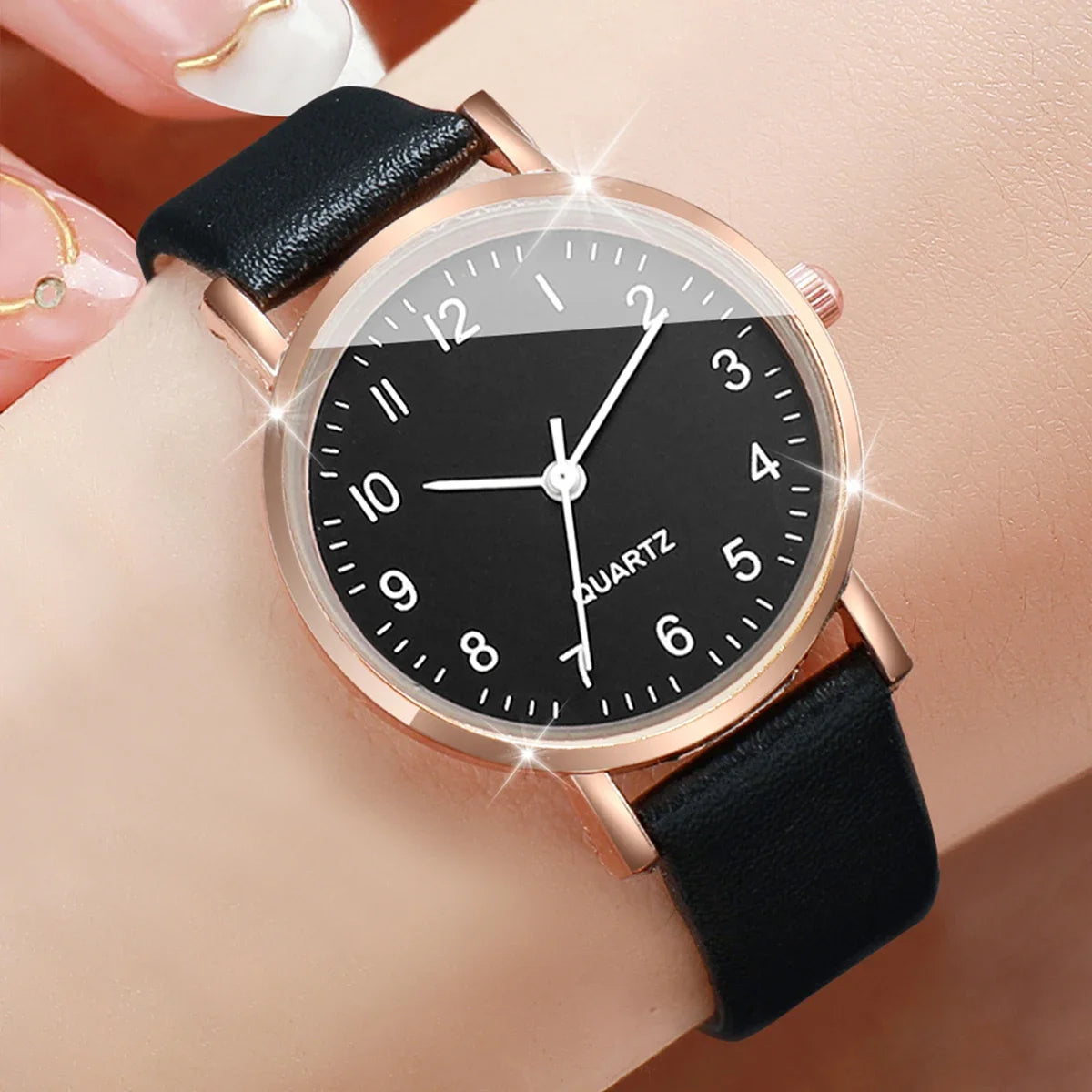 Relógio de quartzo com mostrador árabe feminino, pulseira de couro, relógios sem caixa, moda, 2 peças Qme black