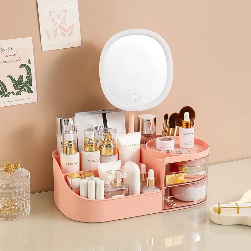 Makeup Storage Box Mirror Desktop Dressing Table Cosmetics Jewelry