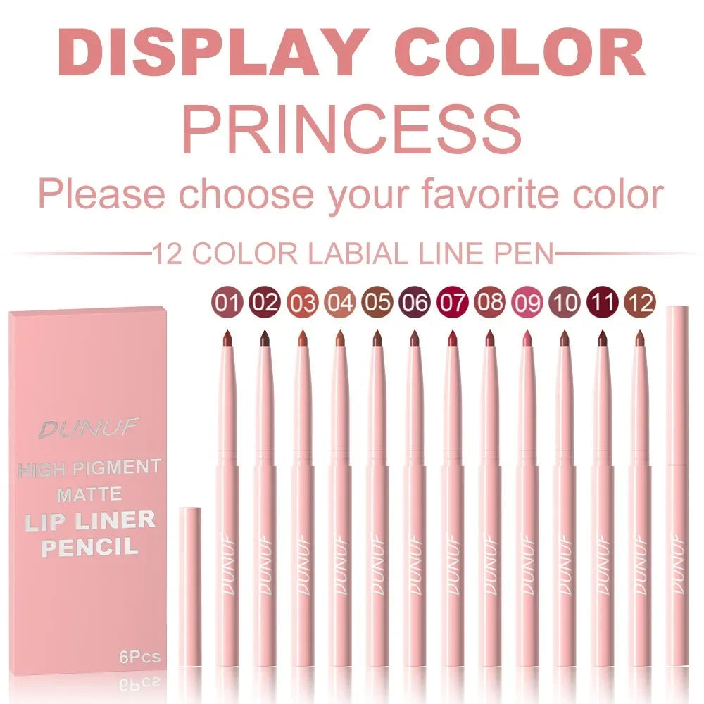 6PC Velvet Matte Lipstick Pen Nude Brown Lip Liner Pencil Kit Smooth Rose Red Pigment Waterproof Long Lasting Dye Cheek Lip Tint Qme