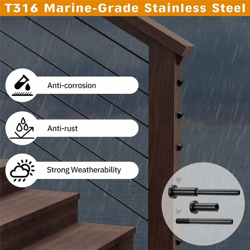 A02F-T316 Stainless Steel Invisible Receiver Swage Stud End Cable Railing Kits-40 Pack 1/8" For 2" X 2" Wood/Metal Post Qme Black