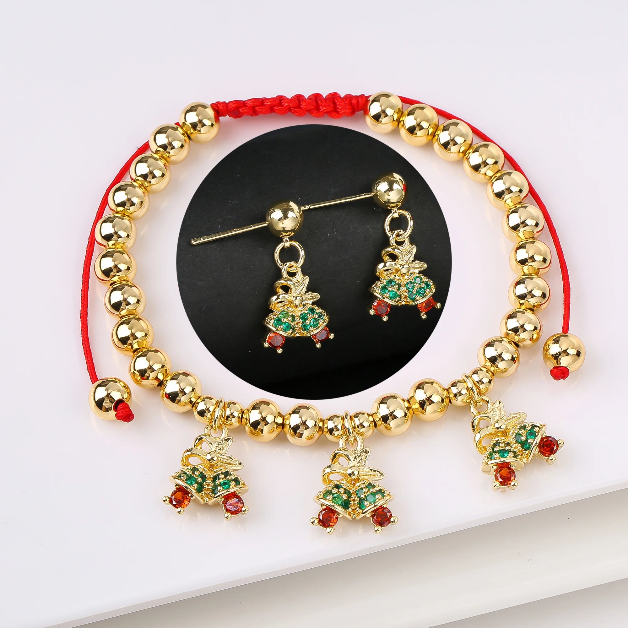 2PCS Trendy Red Cherry Strawberry Bracelet Earring Fruit Set for Women Casual Vacation Zirconia Jewelry Girls Lucky Gift Qme Jewelry Set 12