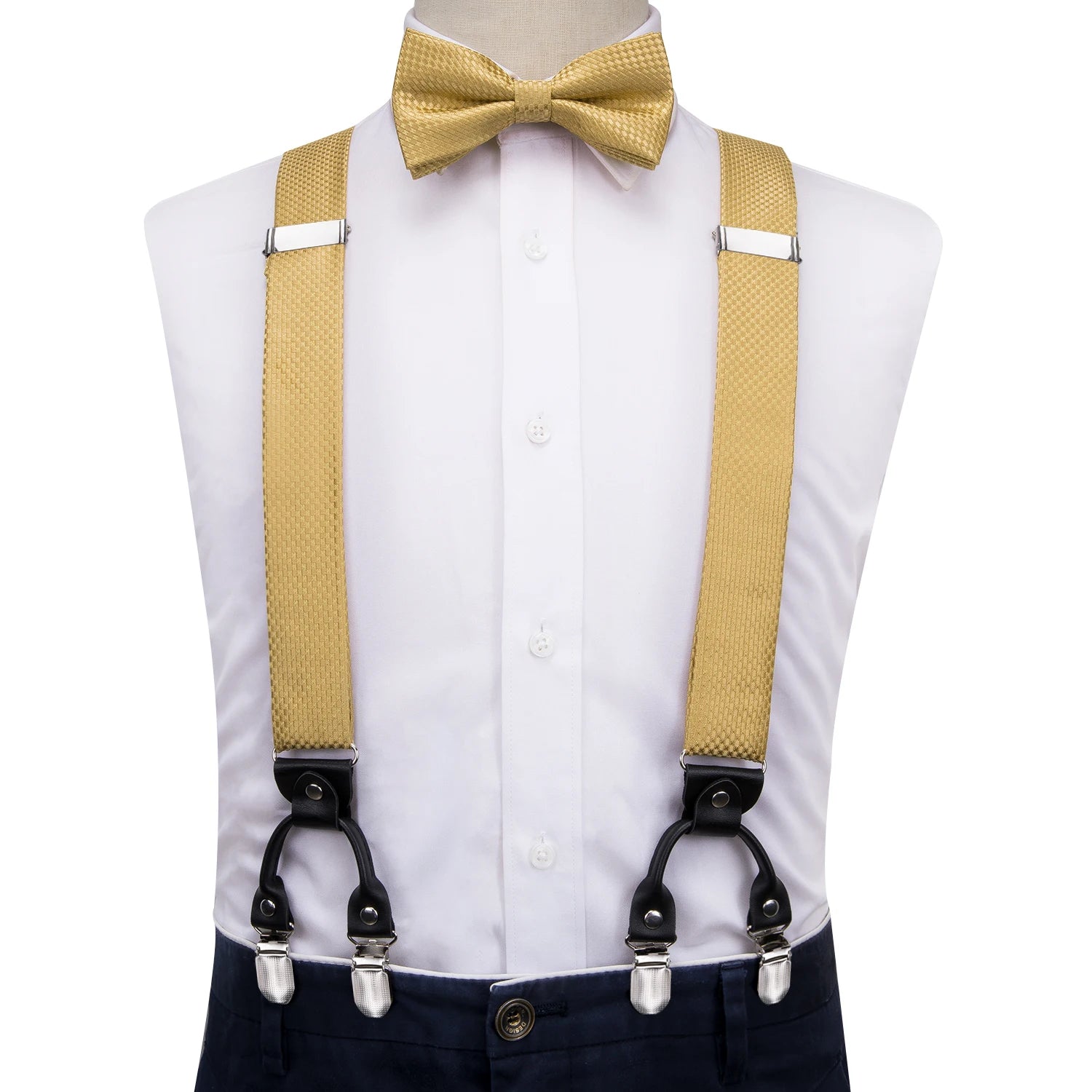Silk Woven Mens Suspenders Bow Tie Hanky Cufflinks Strength 6 Clips Qme BD-3026