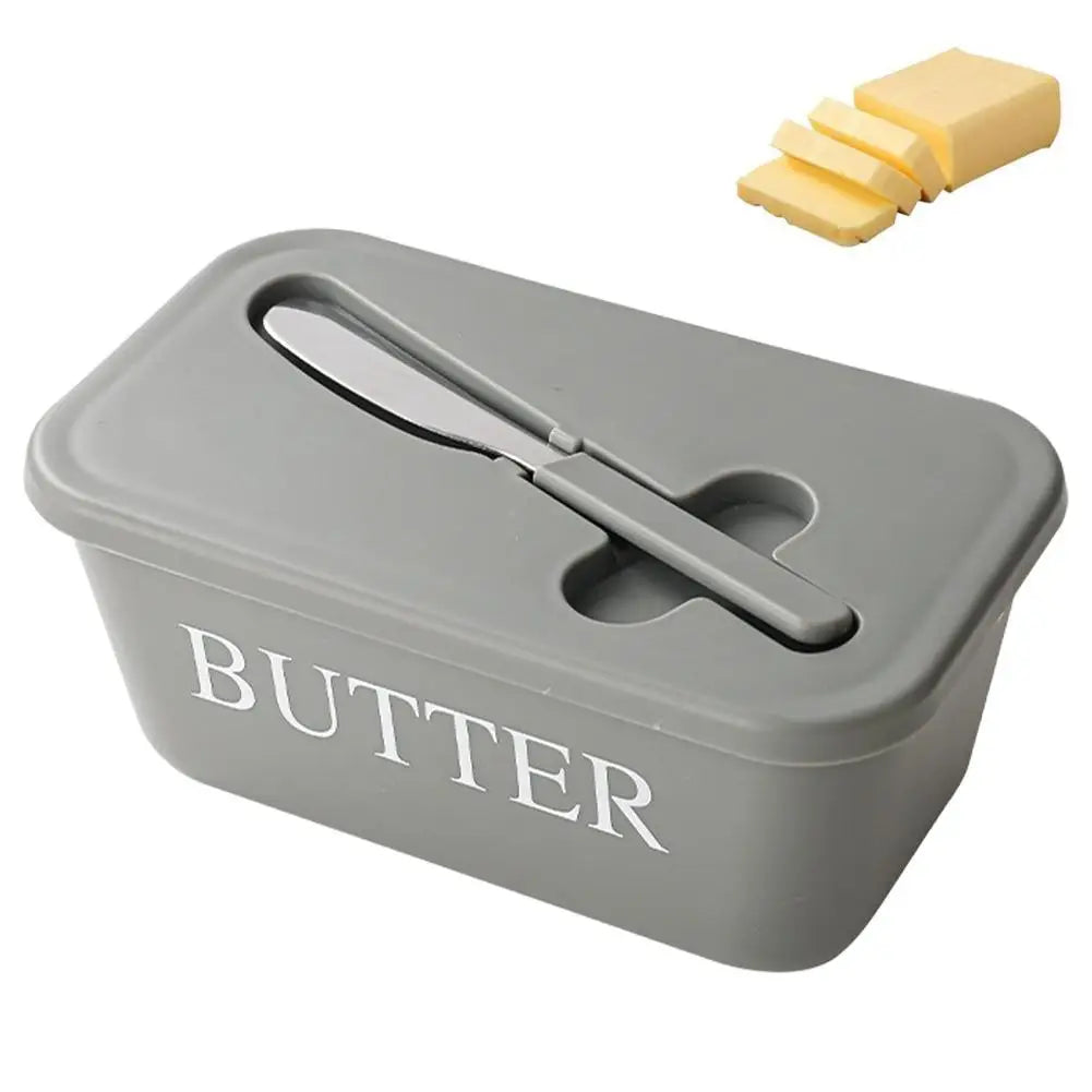 Butter Container Box Dish Lid Knife Restaurant Sealed Storage Kitchen Qme Gray