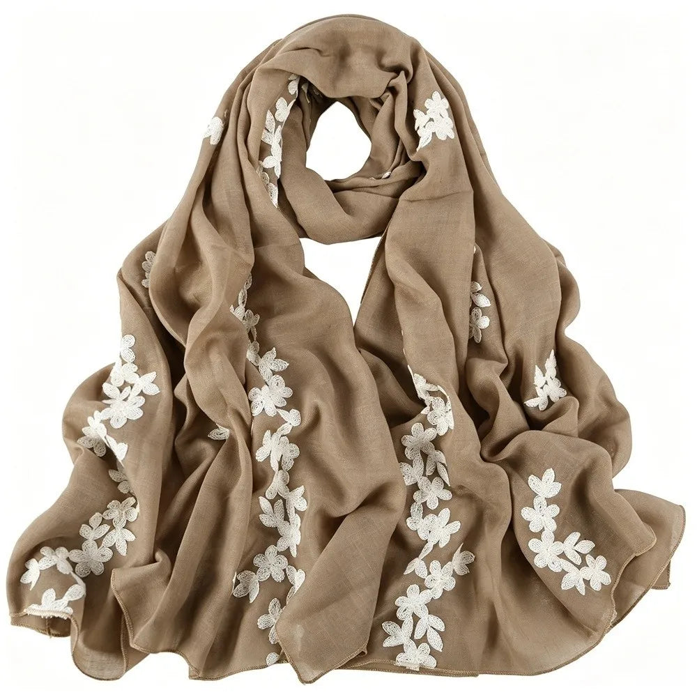 Floral Pattern Embroidered Hijab Breathable Lightweight Thin Fabric Shawl Soft Edged Gentle Ethnic Long Foulard Casual Stole Qme Khaki