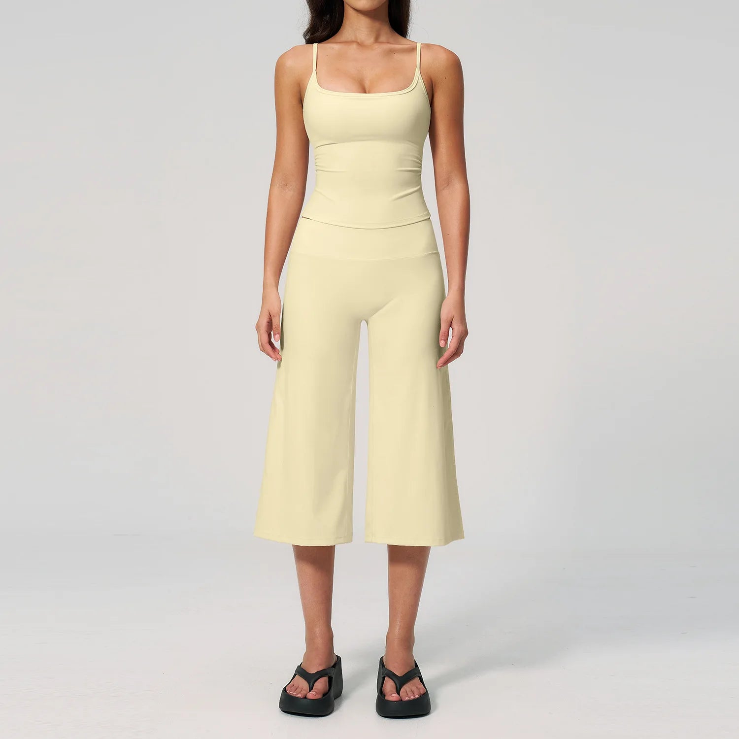 A Summer Yoga Set 2 Pieces Women Tracksuit Workout Clothes Sports Outfits High Waist Fitness Sports Suit Female Gym Clothes Qme cream yellow S