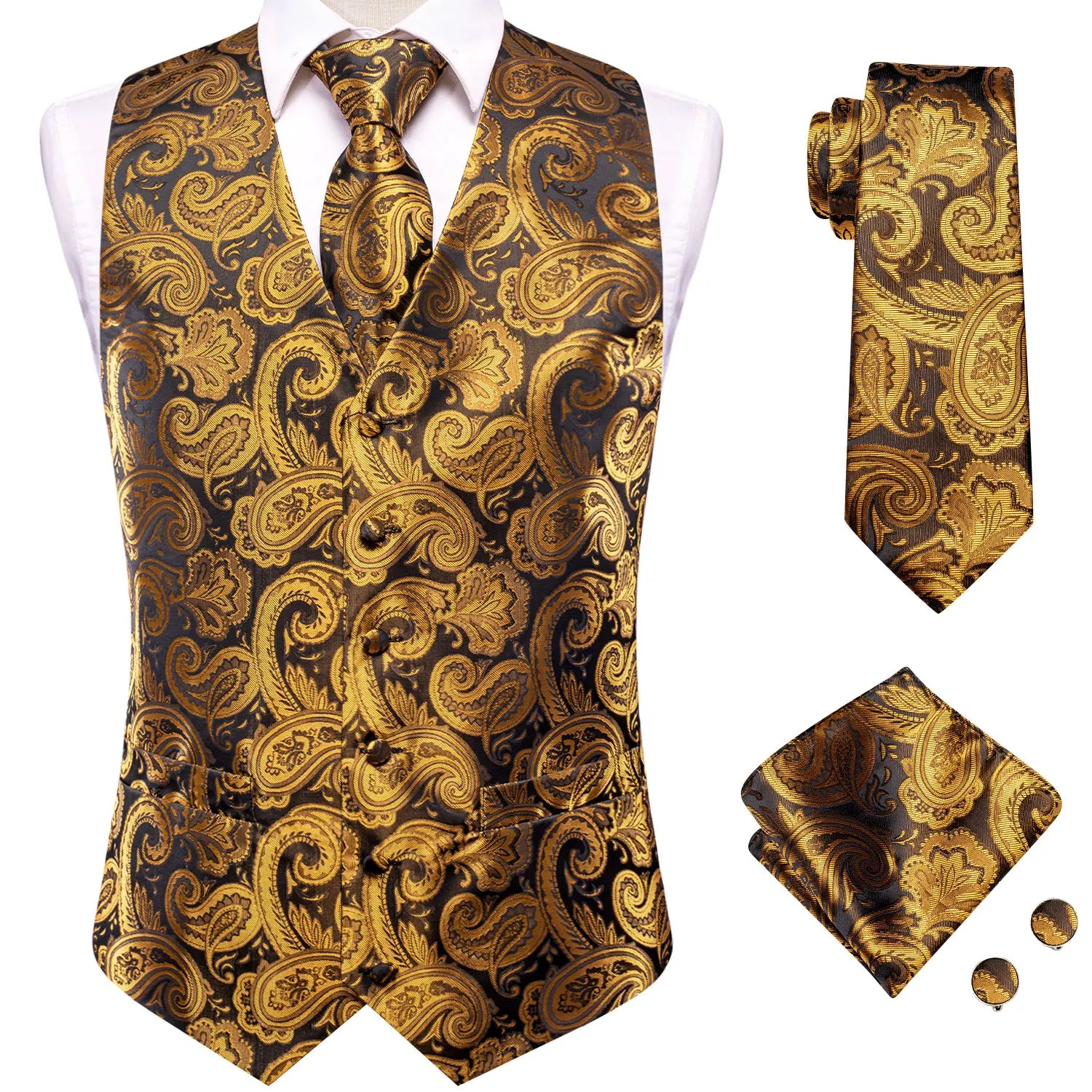 Hi-tie Mens Suit Vests Necktie Hankerchief Cufflinks Silk Slim Fit Qme