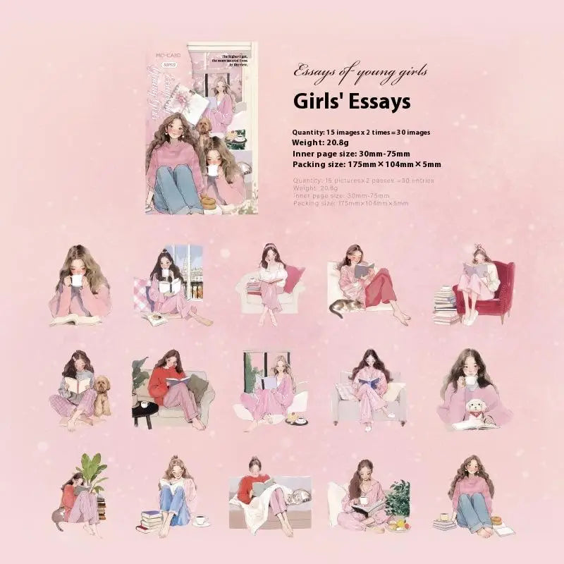 CC1130 Aesthetic Decals Labels Reading Girl Stickers Decorative Diary Qme A2