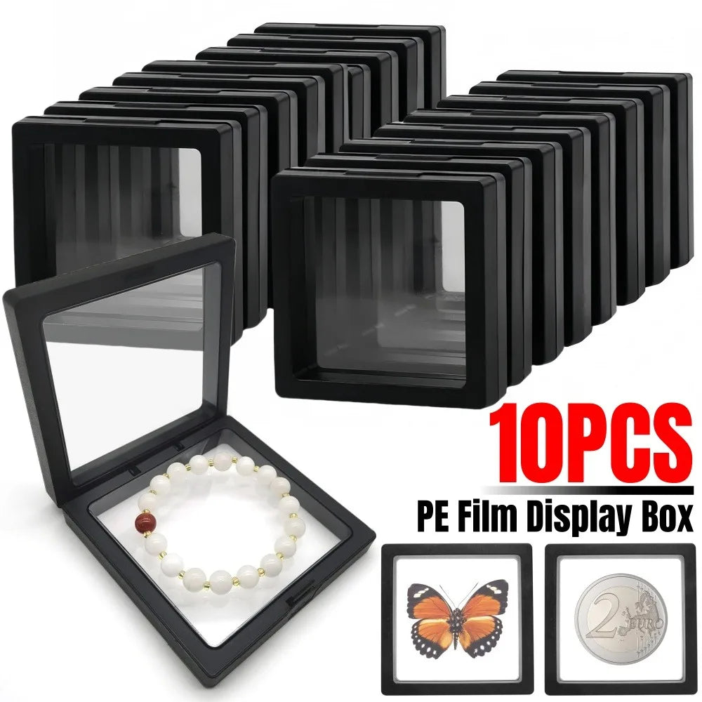 PE Film Display Box 3D Floating Coin Ring Necklace Earring Packaging Box 7x7cm Transparent Visible Jewelry Dustproof Storage Box Qme