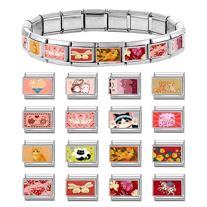 2026 Women's Kawai Big Eye Cat Raccoon Rabbits Hamster Italian Charm Link Fit 9mm Stainless Steel Module Bracelet Making Jewelry Qme