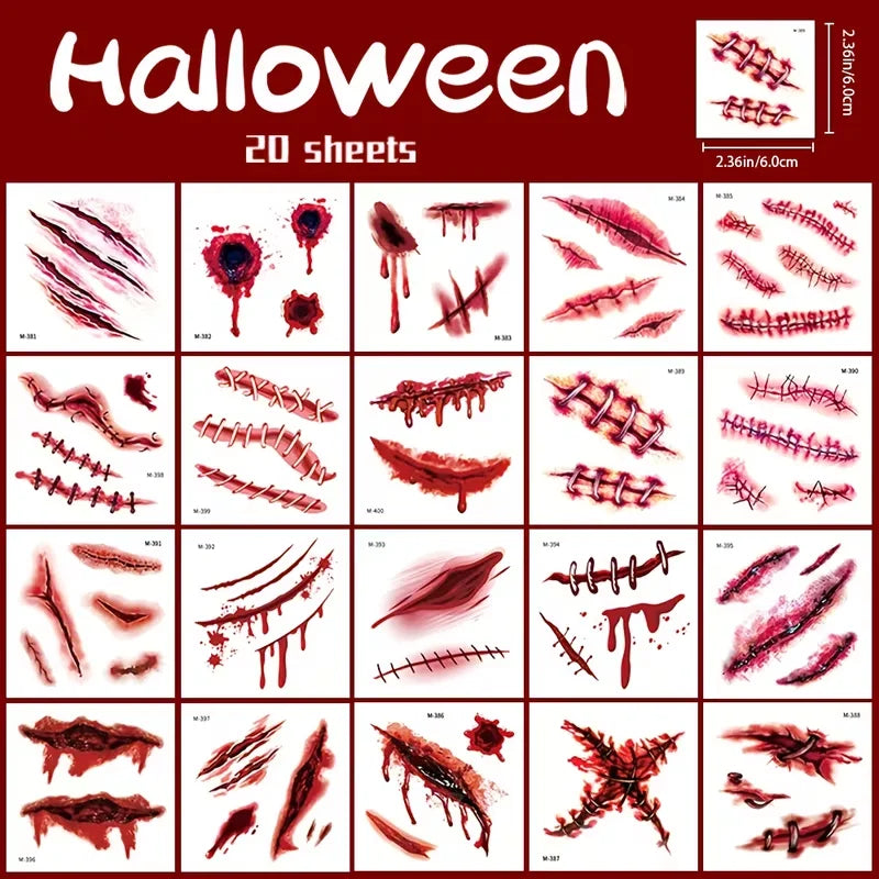 20 Sheets 3D Realistic Scar Tattoos Waterproof Fake Bloody Wound Qme set