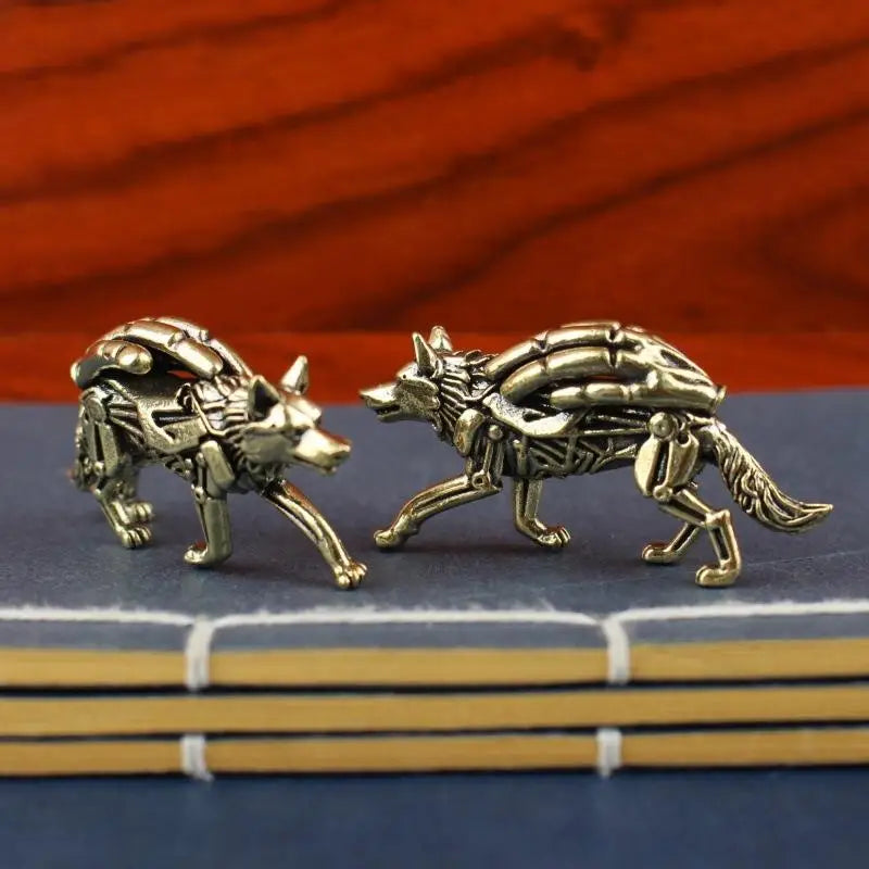 Pure Brass Wolf Statue Desktop Ornament Tea Set, Vintage Bronze Animal Figurine Miniature Decoration Qme