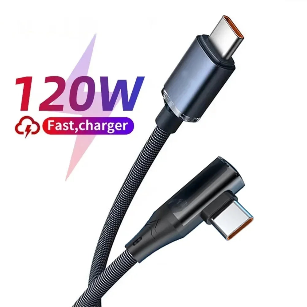 120W 6A USB C to Type C Fast Charging Cable 90 Degree Elbow USB Quick Charge 3.0 Data Line For iPhone 16 Xiaomi Oneplus Huawei Qme