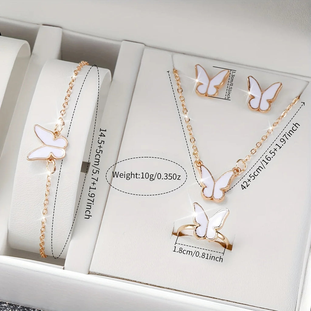 Simple bezel, white plate, quartz women's watch strap+white drip oil butterfly necklace, bracelet, earrings, ring, five pieces Qme