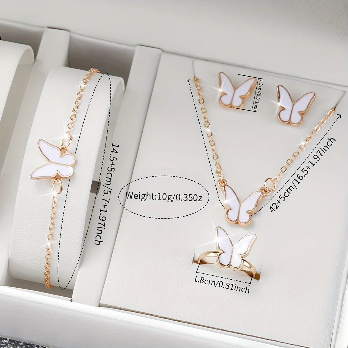 Simple bezel, white plate, quartz women's watch strap+white drip oil butterfly necklace, bracelet, earrings, ring, five pieces Qme