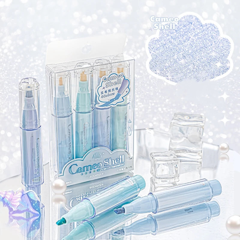 Mini Portable Clear Shell Glitter Highlighter Markers 4Pcs Set Glitter Ink for Scrapbook Painting School Stationery Qme