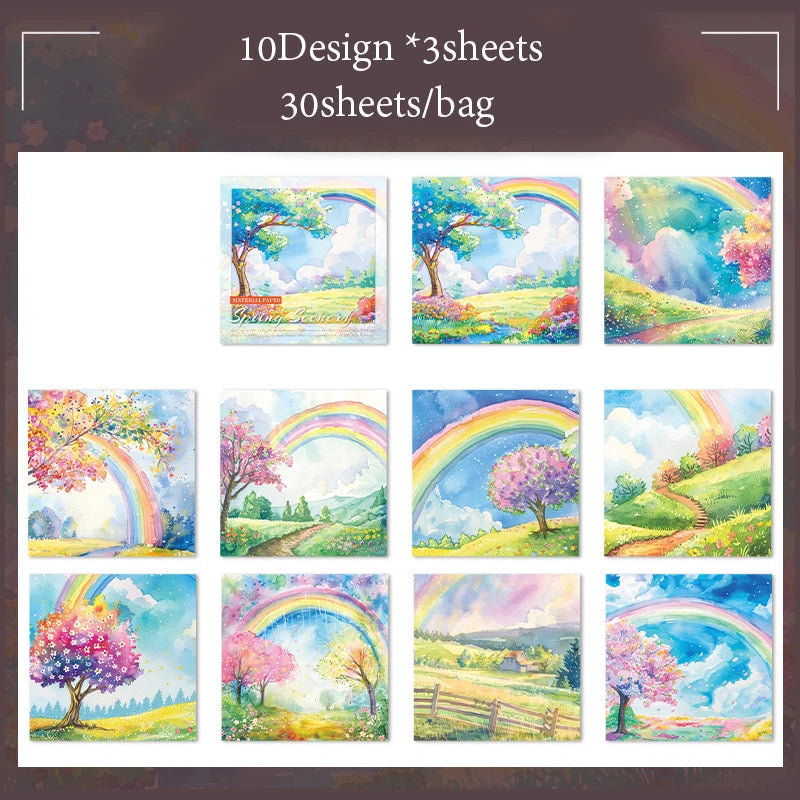 Material Paper 30 sheets/bag Spring Watercolour Landscape Handbook Stationery DIY Handmade & Scrapbook Journal Decoration Qme 1